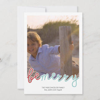 Be Merry Photo Christmas Holiday Wishes Red Blue Card
