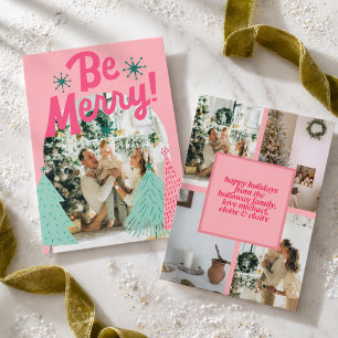 Be Merry Pink Scribble Tree Arched Photo Holiday Card