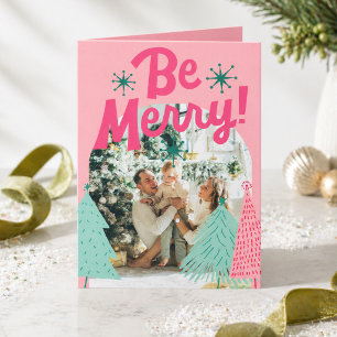 Be Merry Pink Scribble Tree Arched Photo Holiday Card