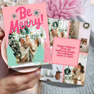 Be Merry Pink Scribble Tree Arched Photo Holiday Card
