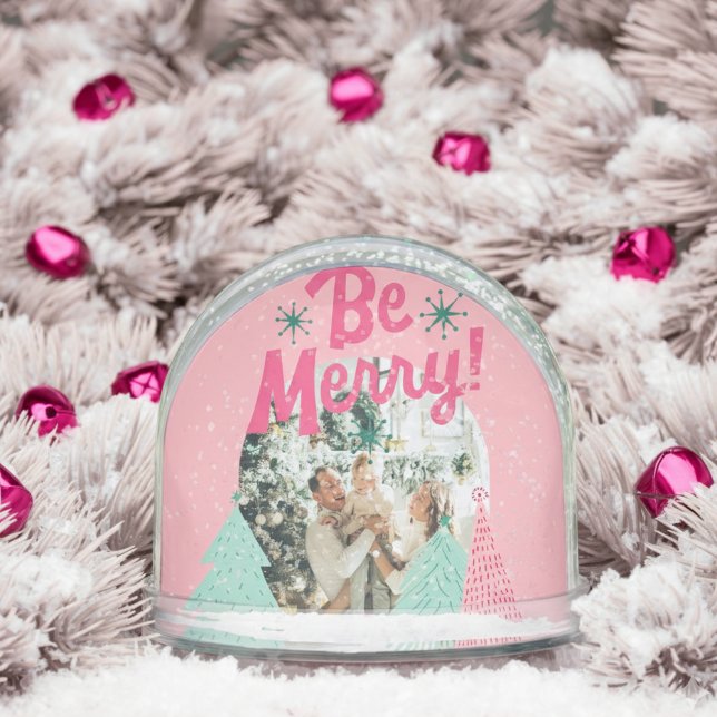 Be Merry Pink Scribble Tree Arched Photo  Snowglobe (Send cheer with this bold and playful holiday snow globe!)
