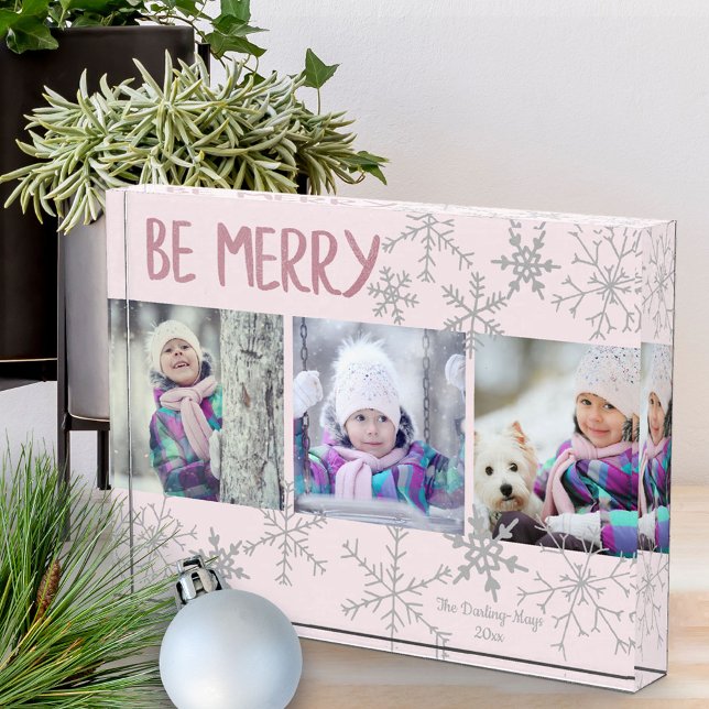 Be Merry Pink & Silver Snowflakes Holiday Collage Photo Block (Creator Uploaded)