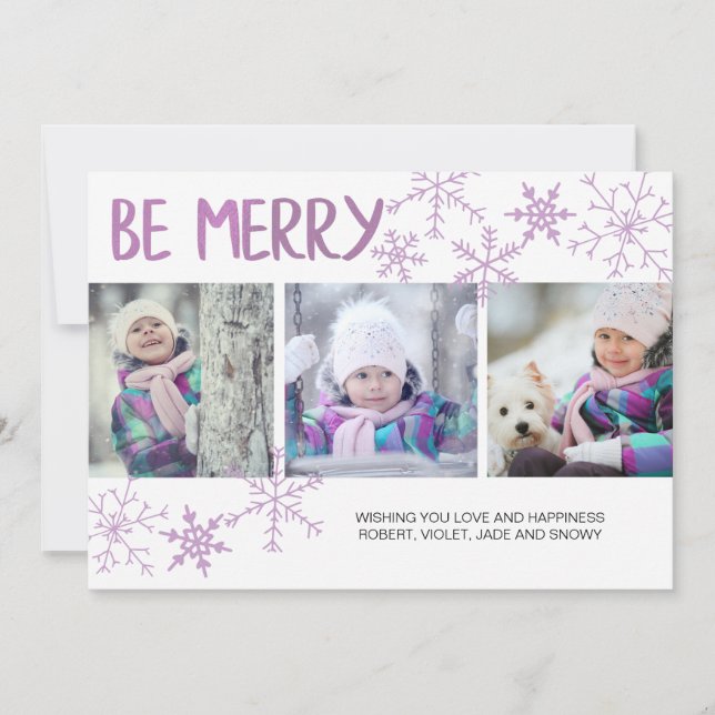 Be Merry Purple Snowflakes Three Photo Collage Holiday Card (Front)