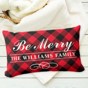 Be Merry Red Buffalo Plaid Family Monogram Lumbar Cushion