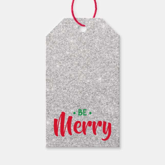 Be Merry Silver Glitter Christmas Gift Tag (Front)