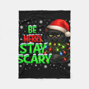 Be Merry Stay Scary Black Cat Funny Halloween Chri Fleece Blanket