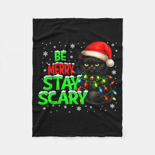 Be Merry Stay Y Black Cat Funny Halloween Christma Fleece Blanket (Front)