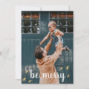 Be Merry Two Photo Gold Stars Family Holiday Card