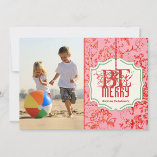 Be Merry Vintage Floral Print Family Photo Holiday Card