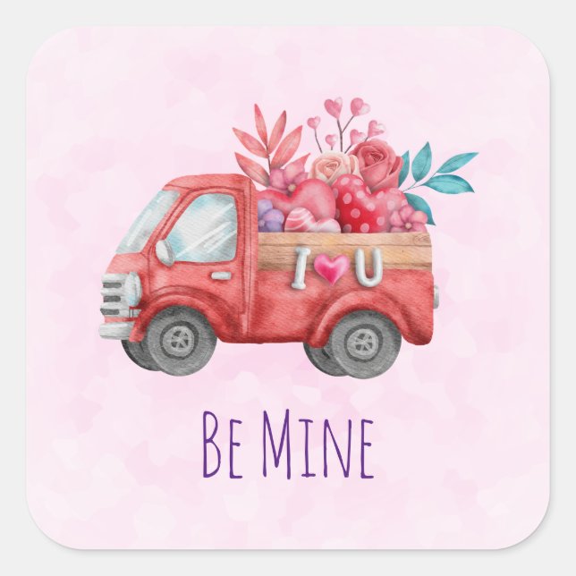 Be Mine Cute Red Love Truck Watercolor Square Sticker (Front)