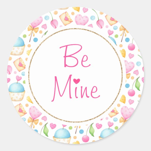 Be Mine hearts and Muffins Valentine's Day Classic Round Sticker (Front)