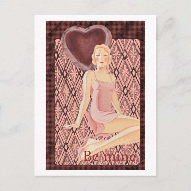 Be Mine Valentine art deco woman red dress heart Holiday Postcard (Front)