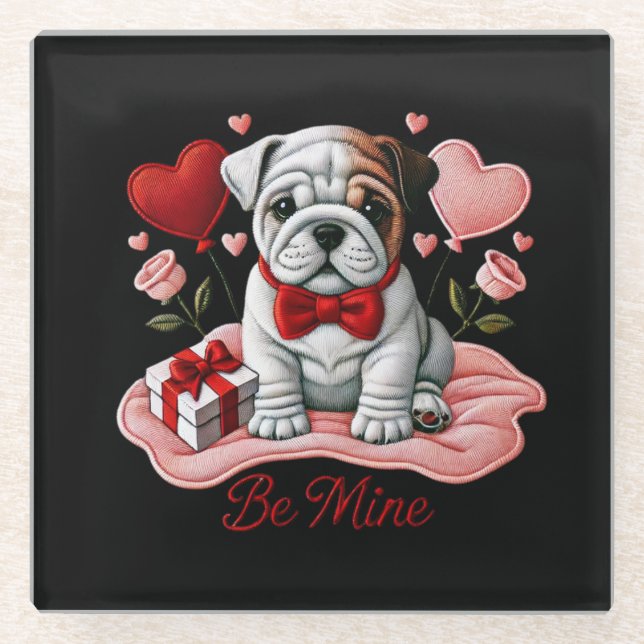 Be Mine Valentine English Bulldog Glass Coaster (Front)