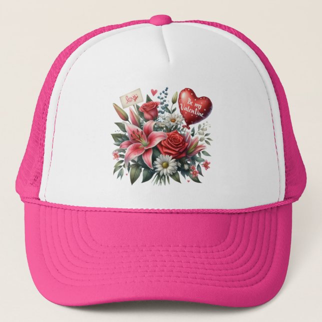 Be Mine Valentine floral/heart  Trucker Hat (Front)