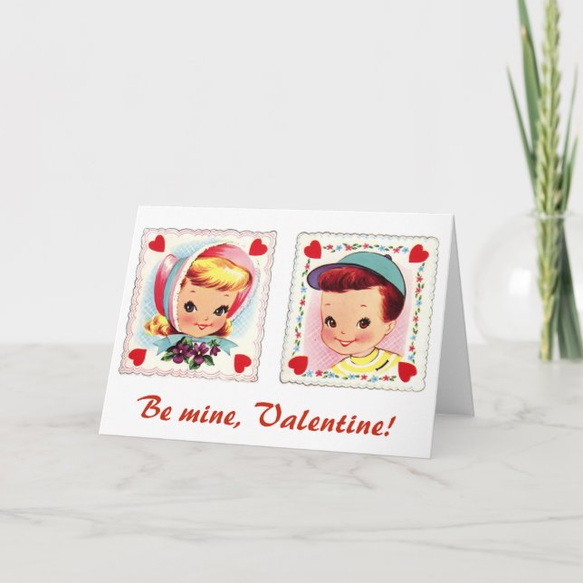 Be Mine Valentine Retro Cute Boy and Girl Holiday Card (Front)
