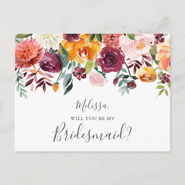 Be My Bridesmaid Burgundy Yellow Flowers Invitation Postcard (Front)