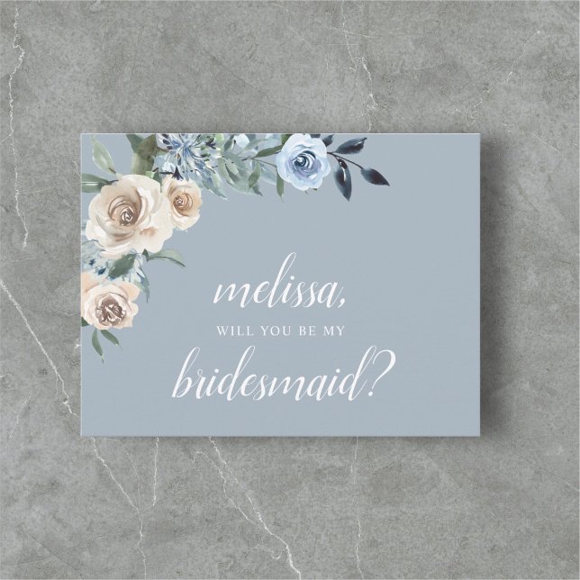 Be My Bridesmaid Dusty Blue Beige Flowers Boho Inv Invitation Postcard (Creator Uploaded)