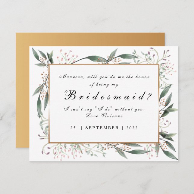 Be My Bridesmaid  elegant green leaf gold Invitation (Front/Back)