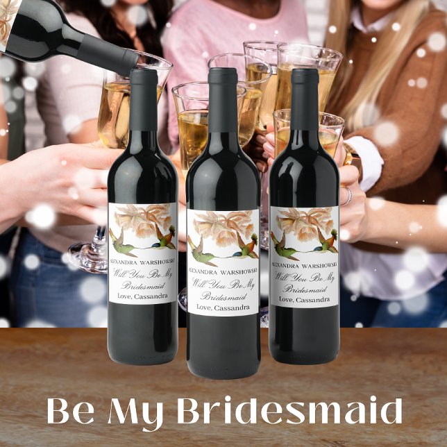 Be My bridesmaid |Elegant Hummingbird Watercolor Wine Label (Creator Uploaded)
