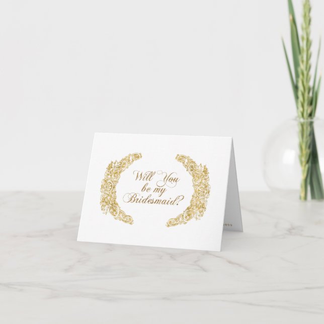 Be my Bridesmaid, Engraved Gold Flower n Leaf Art Invitation (Front)