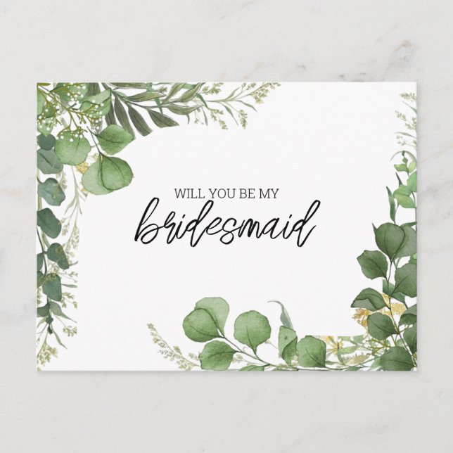 Be My Bridesmaid Eucalyptus and Arched Gold  Holiday Postcard (Front)