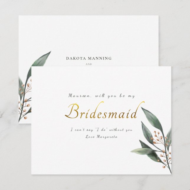 Be my bridesmaid eucalyptus leaf gold script invitation (Front/Back)