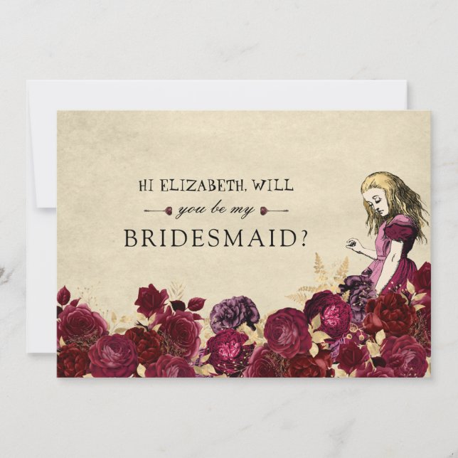 Be My Bridesmaid Floral Red Alice in Wonderland Invitation (Front)