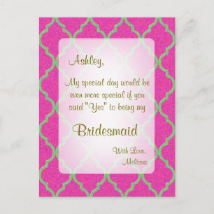 Be My Bridesmaid Hot Pink Quatrefoil Postcard