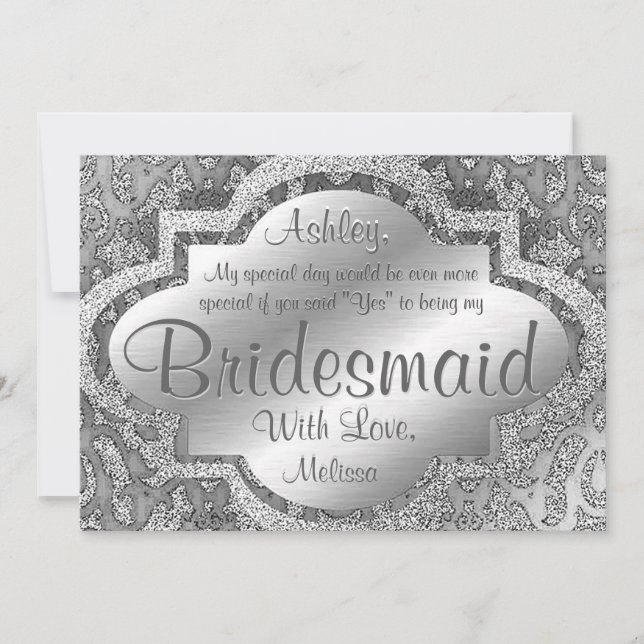 Be My Bridesmaid | Silver Damask Invitation (Front)