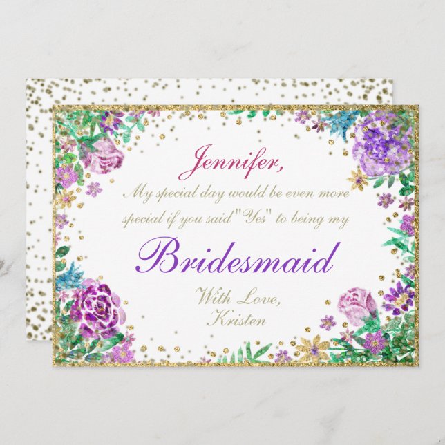 Be My Bridesmaid | Watercolor Flowers Invitation (Front/Back)