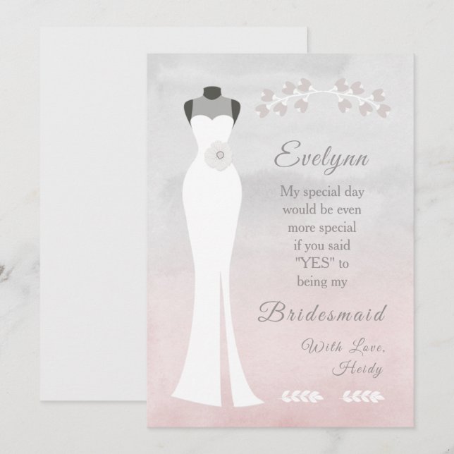 Be My Bridesmaid - White Bridal Gown on Pink Grey Card (Front/Back)
