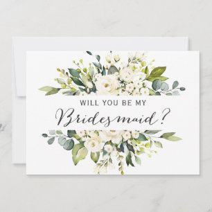 Be My Bridesmaid White Roses Floral Bouquet Invitation