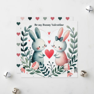 "Be My Bunny Valentine" Bunnies in Heart Wreath Holiday Card