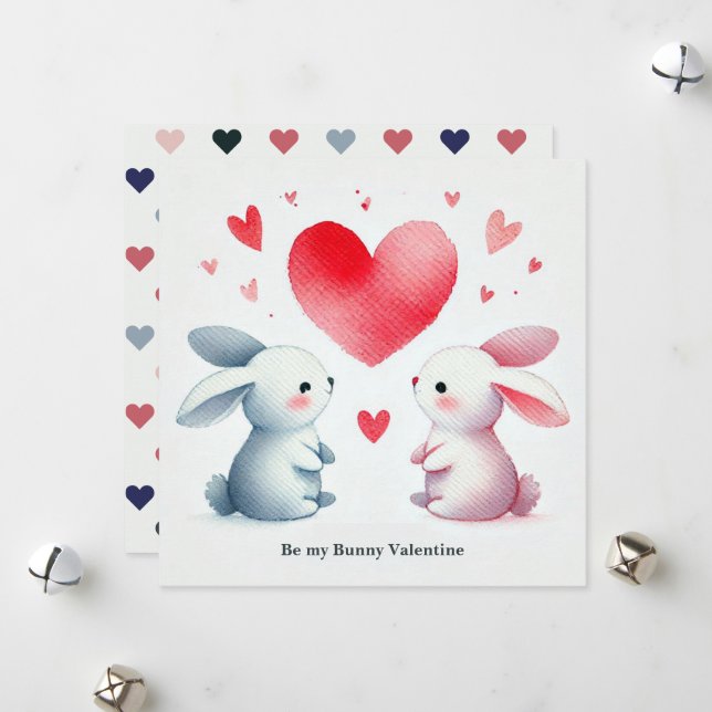 "Be My Bunny Valentine" Watercolor Cute Bunnies Holiday Card (Front/Back In Situ)