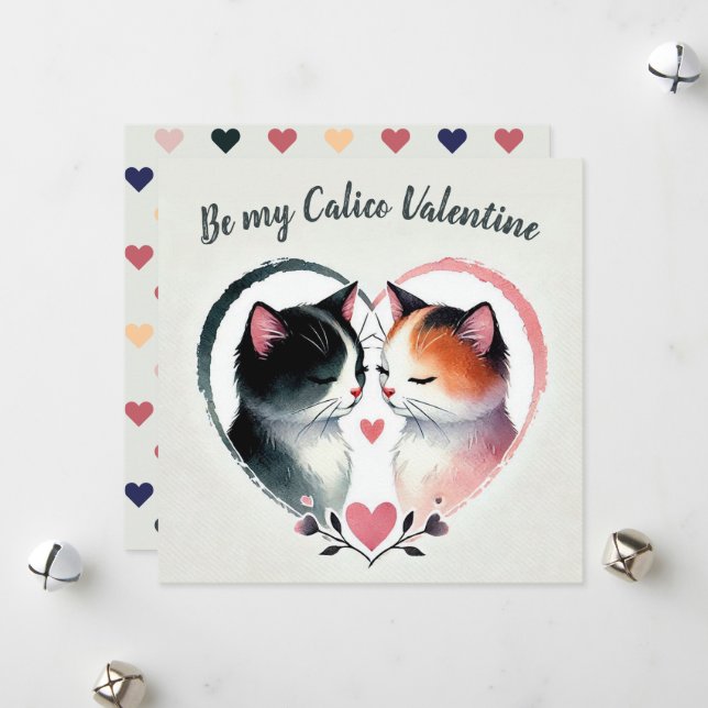 Be My Calico Valentine Watercolor Cats Heart Holiday Card (Front/Back In Situ)