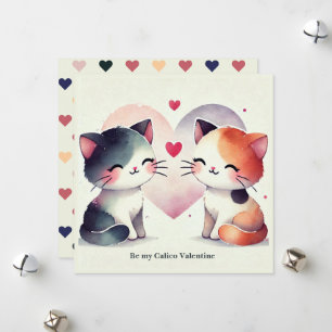 "Be My Calico Valentine" Watercolor cute Cats Holiday Card