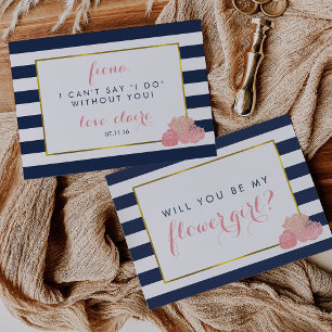 Be My Flower Girl Card Navy Stripe & Blush Peony