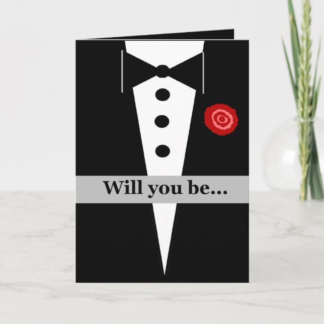Be My Groomsman Card with Tux and Rose (Front)
