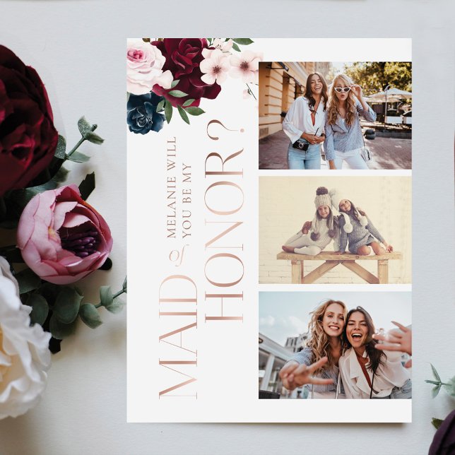 Be My Maid of Honor? Burgundy & Navy Florals Photo Invitation Postcard (Creator Uploaded)