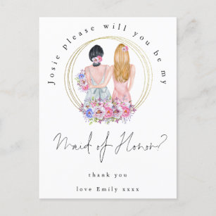 Be My Maid of Honour Blonde Brunette Girls Invitation Postcard