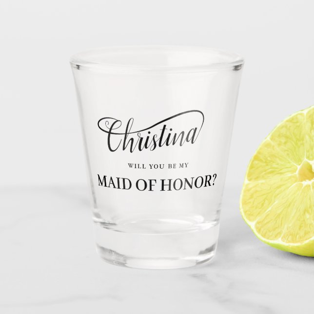 Be My Maid of Honour Handwritten Swash Calligraphy Shot Glass (Front)