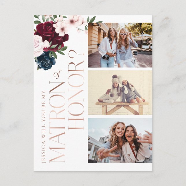 Be My Matron of Honour? Burgundy Navy Florals Phot Invitation Postcard (Front)