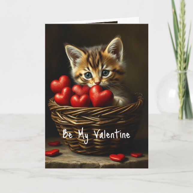 Be My Valentine Cute Kitten Cat Red Hearts Card (Front)