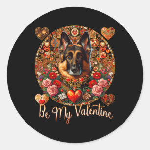 Be My Valentine' Dog Flower Red Heart Day- German Classic Round Sticker