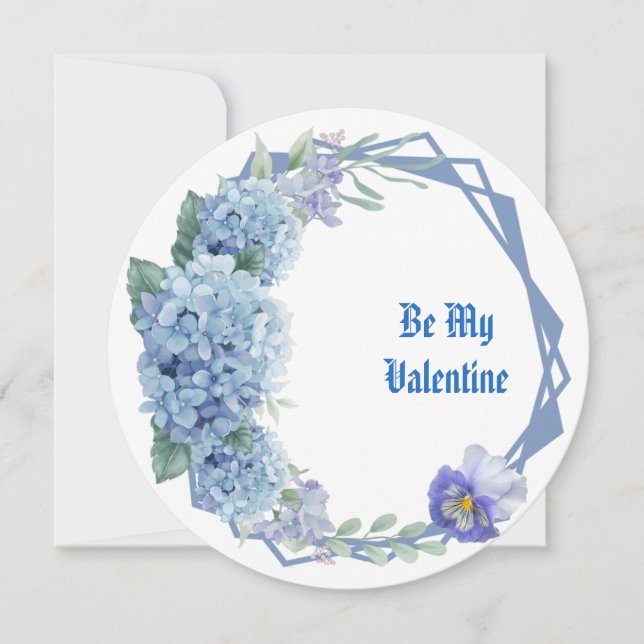 Be My Valentine Floral Romantic Blue Flower Wreath Holiday Card (Front)
