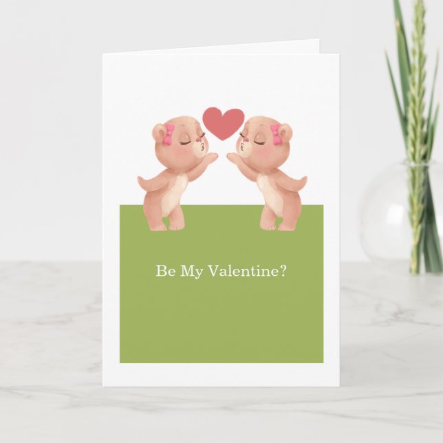 Be My Valentine Gay Lesbian Teddy Bears With Heart Holiday Card (Front)