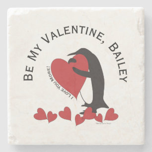 Be My Valentine - Penguin and Red Heart Stone Coaster