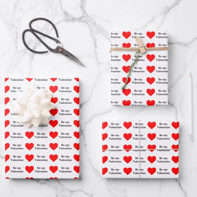 Be My Valentine Red Heart Love Wrapping Paper Sheet (Front)