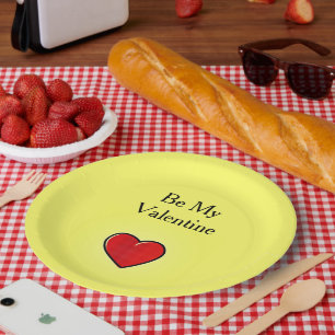 Be my valentine red heart on yellow paper plate