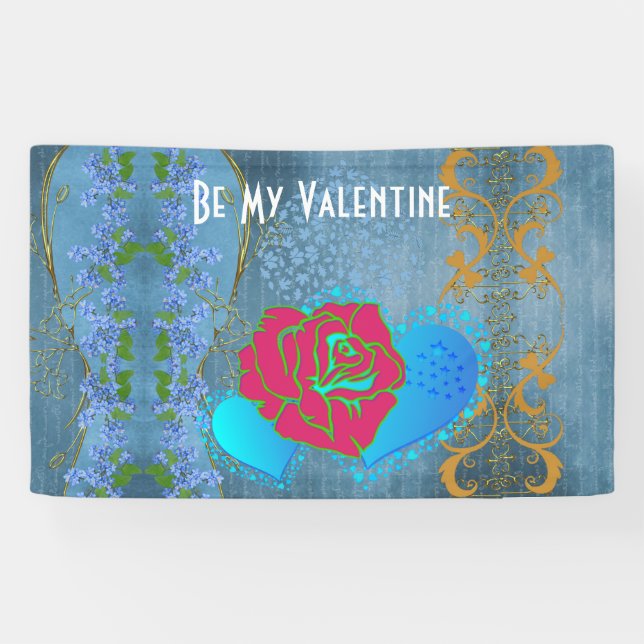 Be My Valentine Romantic Rose Sweeping Heart Blue  Banner (Horizontal)